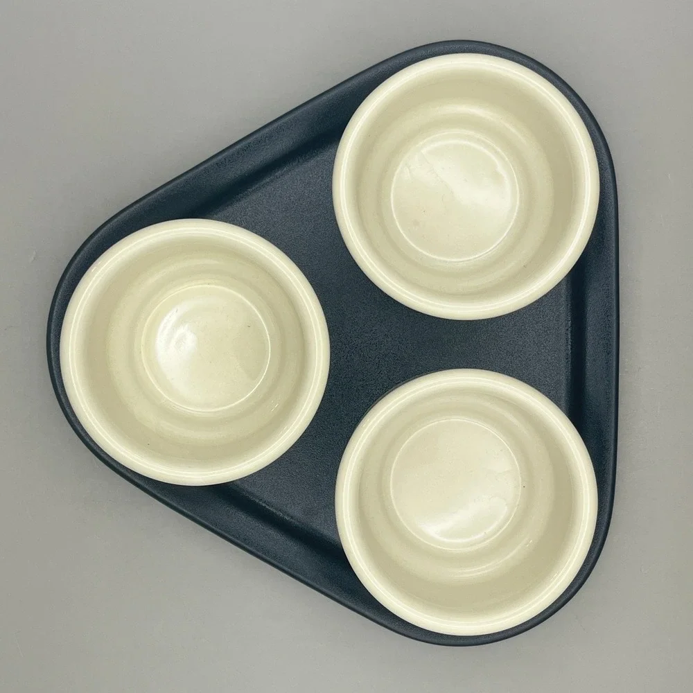 Vintage Hall Pottery 3 Stoneware 2 oz Ramekins on a‎ Black Stoneware Tray MCM